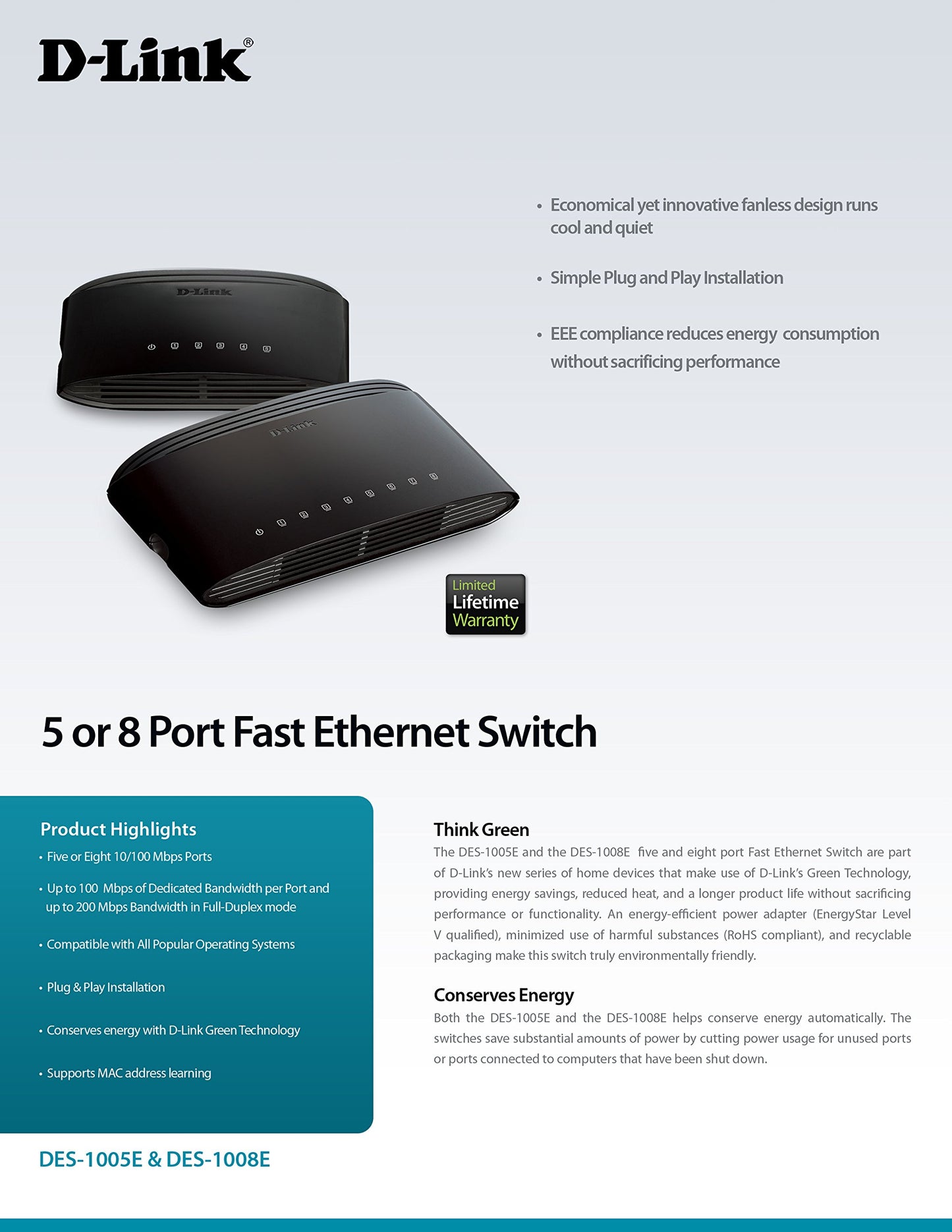 D-Link 5-Port Fast Ethernet Desktop Switch (DES-1005E)