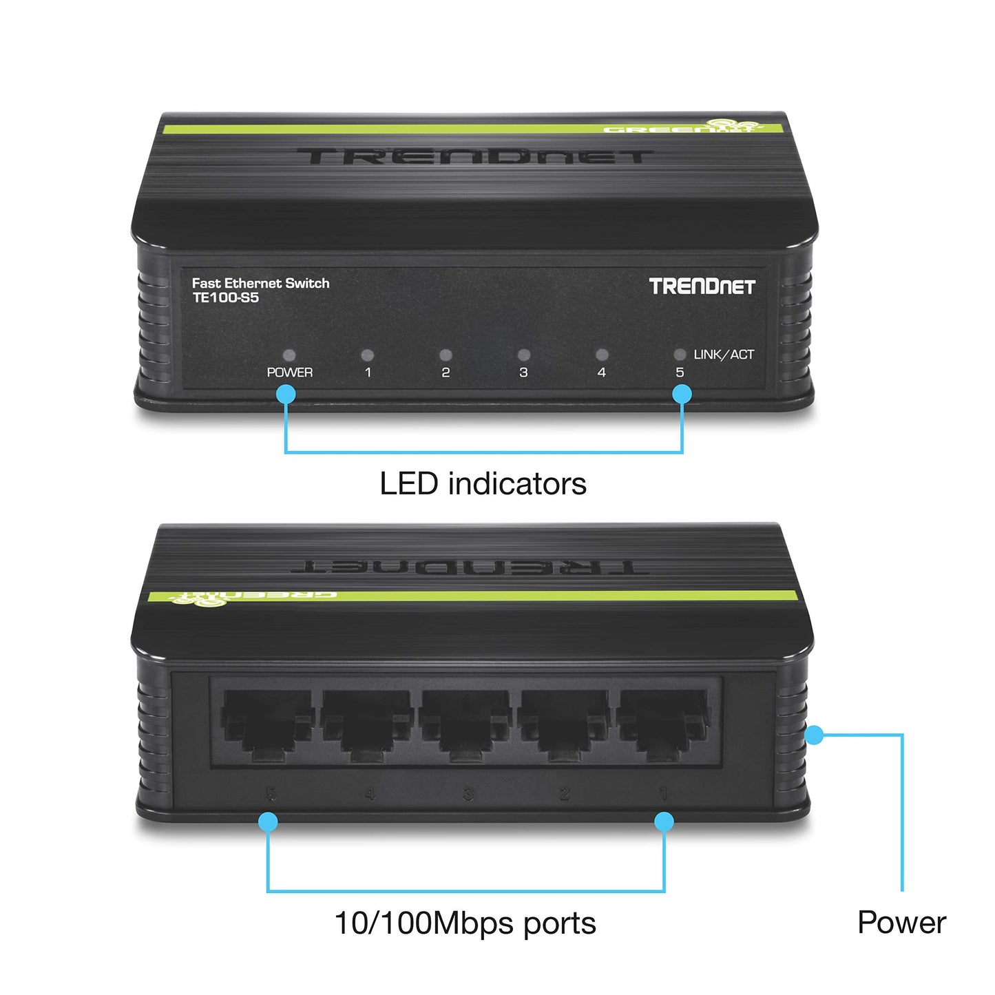 TRENDnet 5-Port Unmanaged 10/100 Mbps GREENnet Ethernet Desktop Plastic Housing Switch, TE100-S5