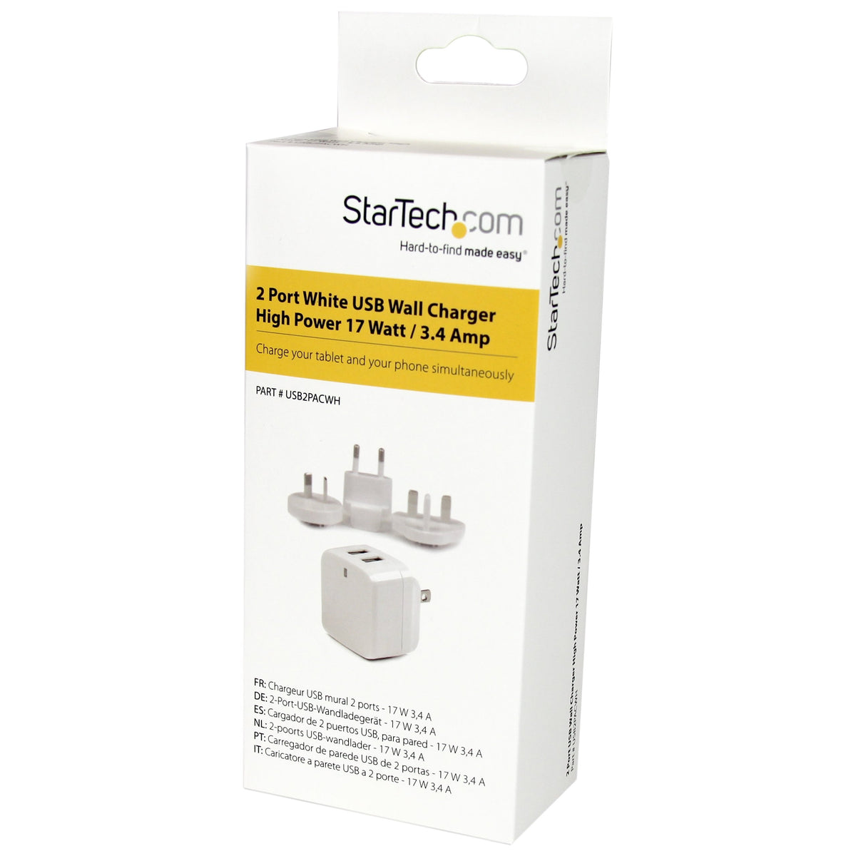 StarTechWhite Dual Port USB Wall Charger - High Power 17 Watt/3.4 Amp (1A and 2.4A) - Travel Charger (International) 110V/220V