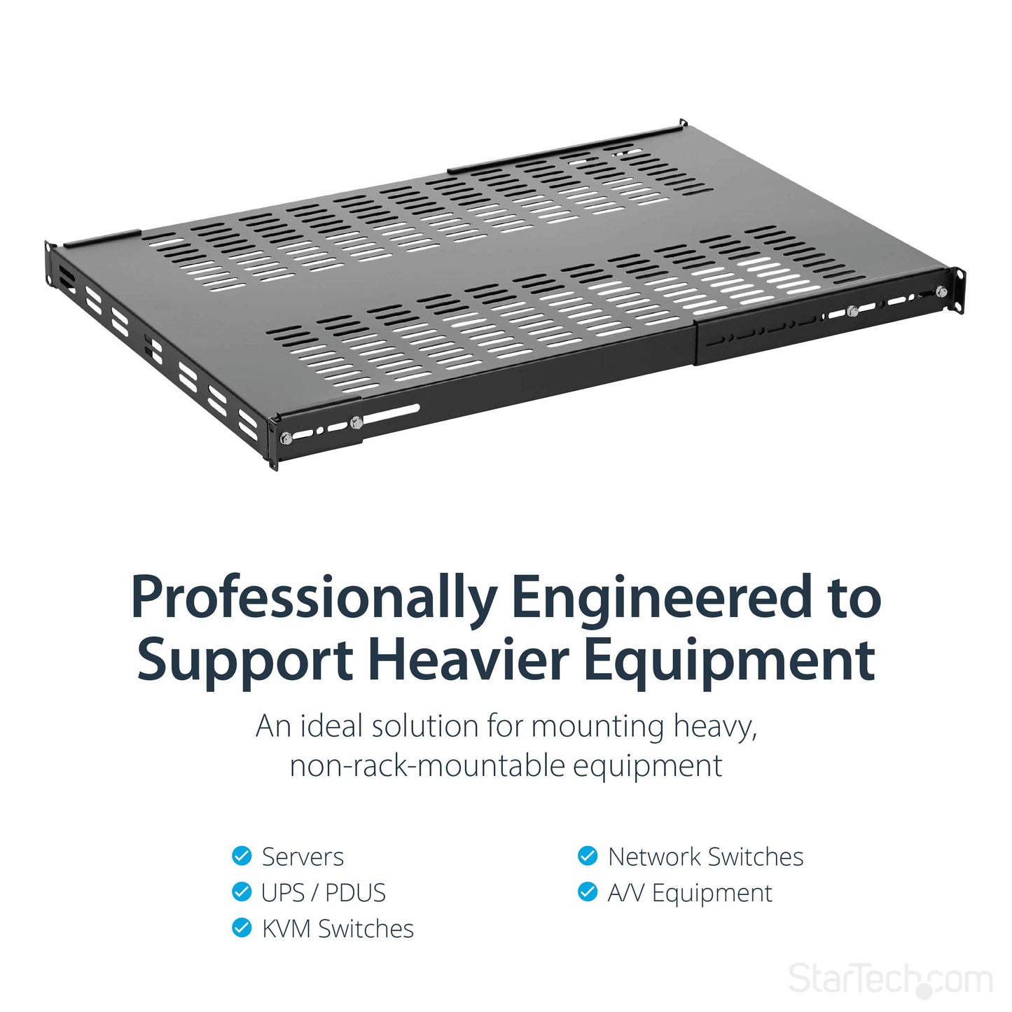 StarTech.com 1U Adjustable Vented Server Rack Mount Shelf - 250lbs - 19.5 to 38in Deep Universal Tray for 19" AV/ Network Equipment Rack (ADJSHELFHDV)