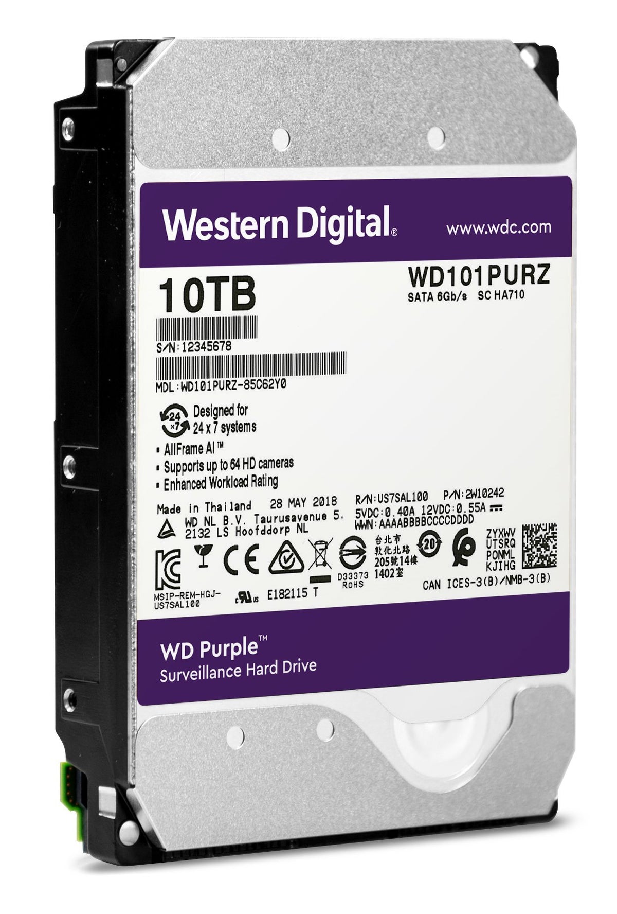 WD Purple 10TB Surveillance Hard Drive - 7200 RPM Class, SATA 6 Gb/s, 256 MB Cache, 3.5" - WD101PURZ