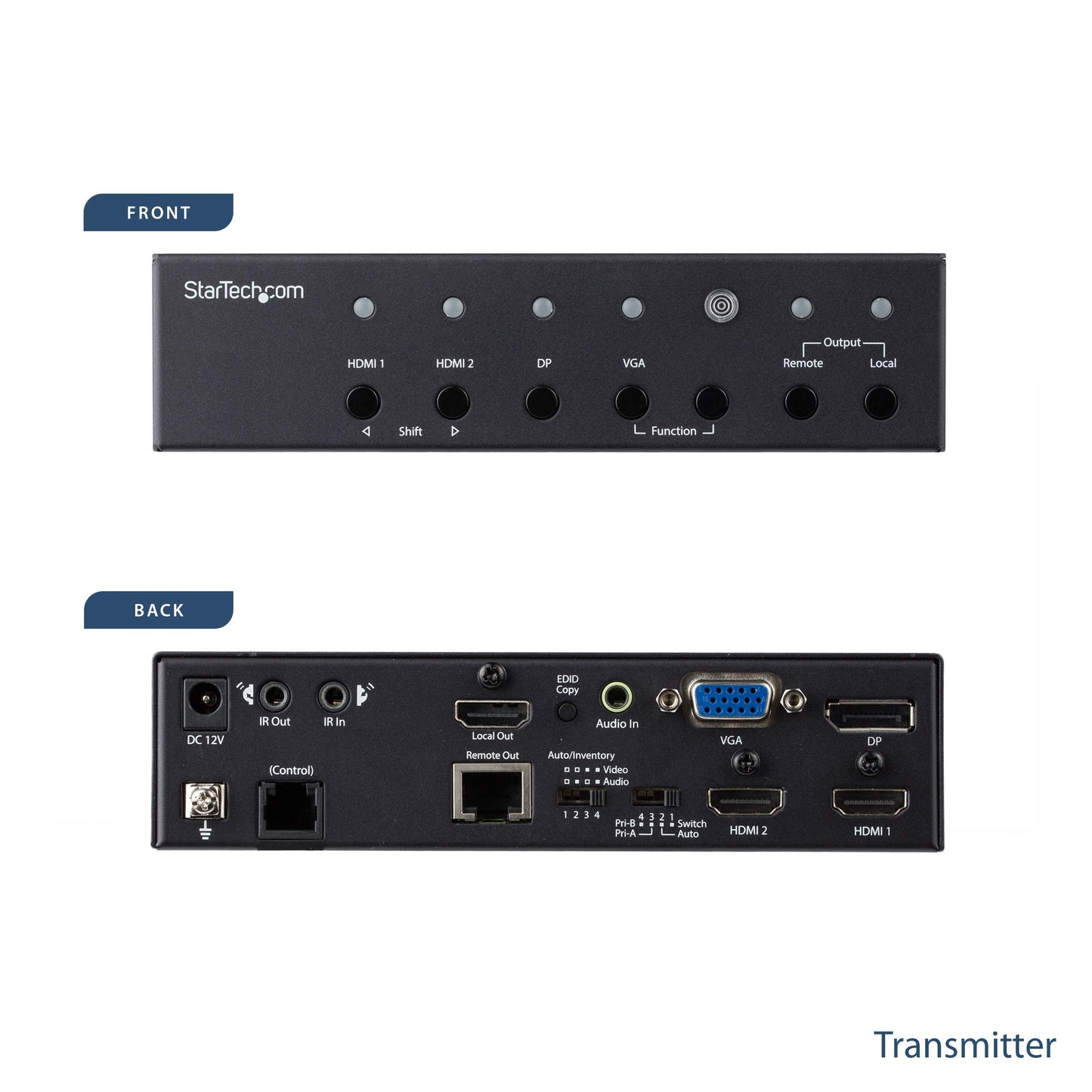StarTech.com Multi-Input HDBaseT Extender Kit - Built-in Switch and Video Scaler - DisplayPort HDMI and VGA Over CAT6 or CAT5 (ST121HDBTSC)