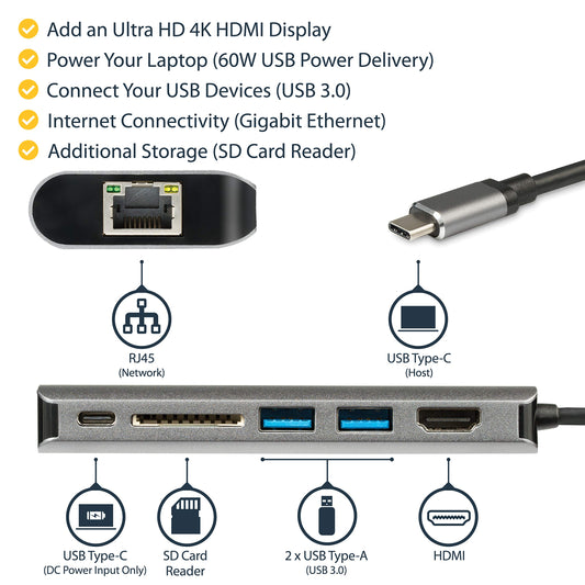 StarTech.com USB C Portable Docking Station with 4K HDMI, Ethernet, SD Reader, Power Delivery 3.0 & USB for Type C Mac & Windows Laptop (DKT30CSDHPD3)