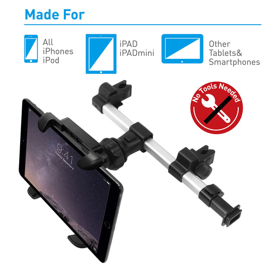 Macally Car Headrest Mount Holder for Apple iPad Pro/Air/Mini, Tablets, Nintendo Switch, iPhone, Smartphones 4.5" to 10" Wide with Dual Adjustable Positions and 360° Rotation (HRMOUNTPRO)