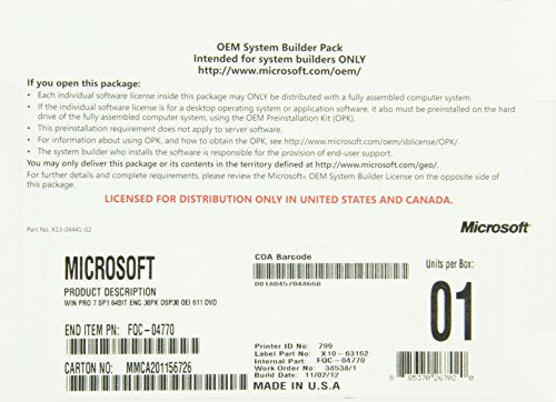 Microsoft Windows 7 Professional 64bit SP1 DVD for System Builder New Sealed Package