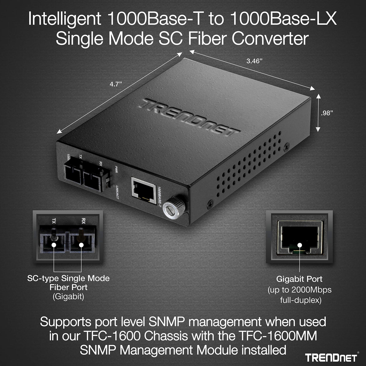 TRENDnet Intelligent 1000Base-T to 1000Base-LX/SX Single Mode SC Fiber Media Converter (20KM, 12.4Miles), Fiber to Ethernet Converter, SC Type Fiber Port, RJ-45,Lifetime Protection, TFC-1000S20