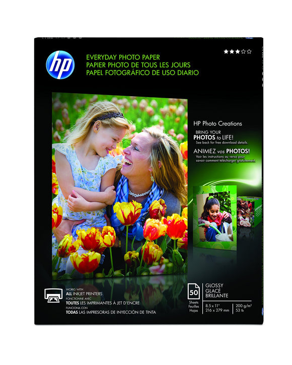 HP Everyday Photo Paper, Glossy, 8.5 x 11 Inches, 50 Sheets per Pack (Q8723AND)