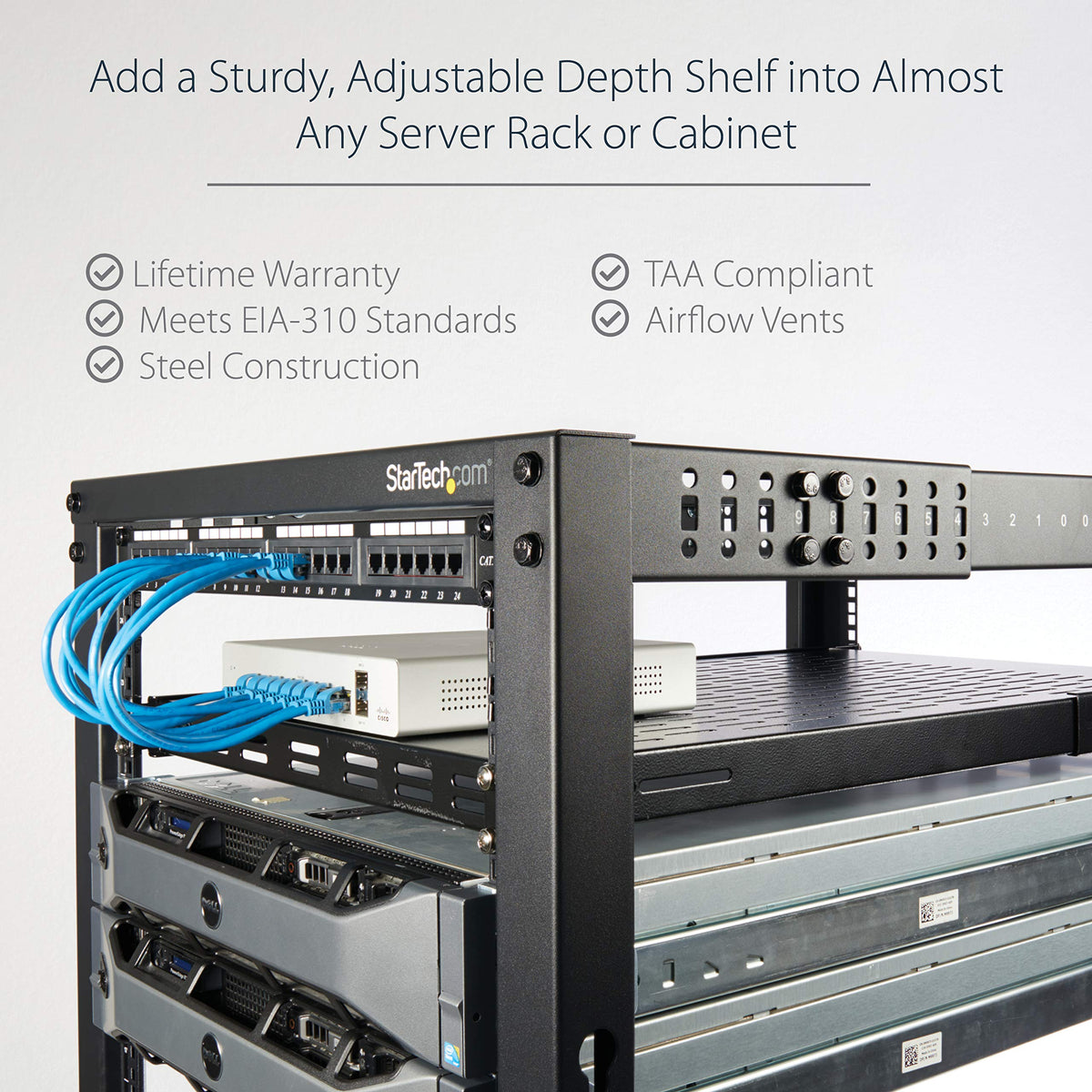 StarTech.com 1U Adjustable Vented Server Rack Mount Shelf - 175lbs - 19.5 to 38in Deep Universal Tray for 19" AV/Network Equipment Rack (ADJSHELF)