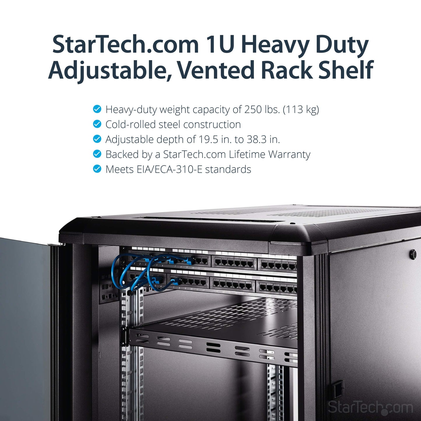StarTech.com 1U Adjustable Vented Server Rack Mount Shelf - 250lbs - 19.5 to 38in Deep Universal Tray for 19" AV/ Network Equipment Rack (ADJSHELFHDV)