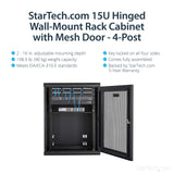 StarTech.com 15U Wall Mount Server Rack Cabinet - 4-Post Adjustable Depth (2" to 16") IT Data Equipment Enclosure w/ Cable Management -200lb/90kg (RK1520WALHM)