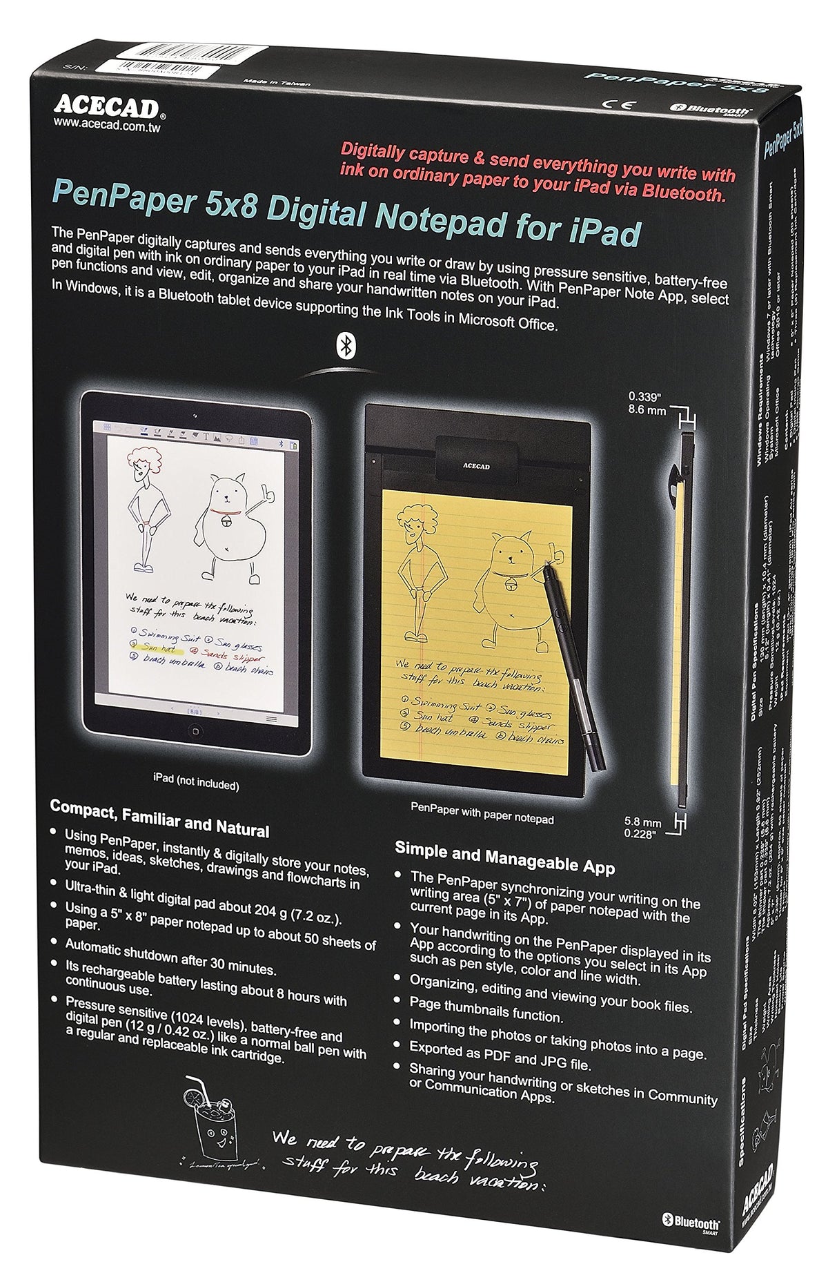 ACECAD PenPaper 5x8 Digital Notepad for iPad, Black