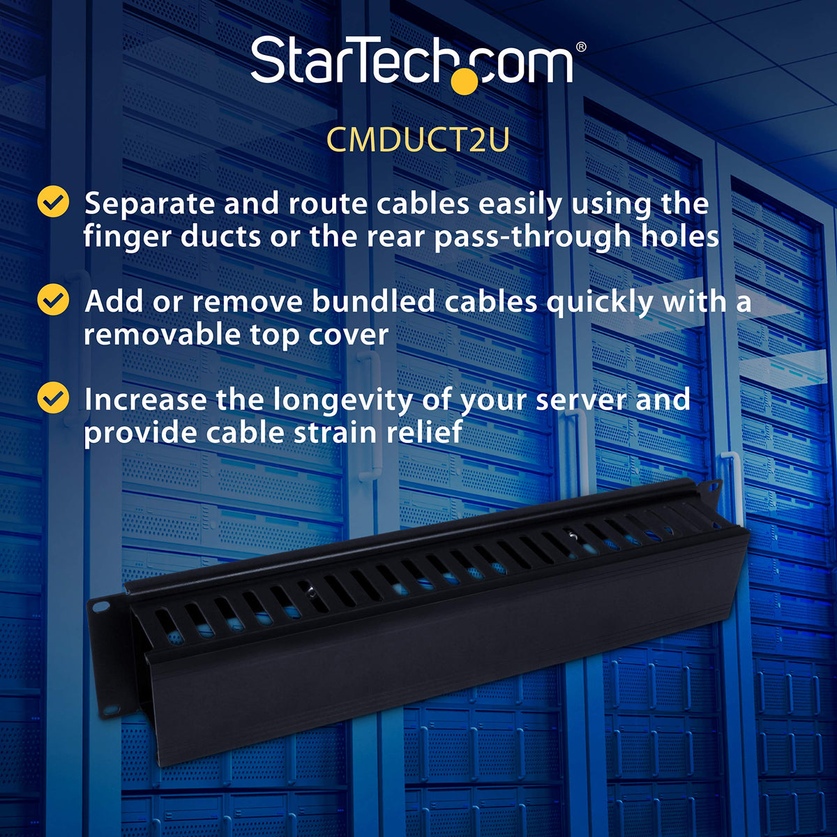 StarTech.com Horizontal 2U Server Rack Cable Management Finger Duct w/Cover - 19" Network Rack Wire Duct Raceway Panel - Slotted Wire Duct (CMDUCT2U)