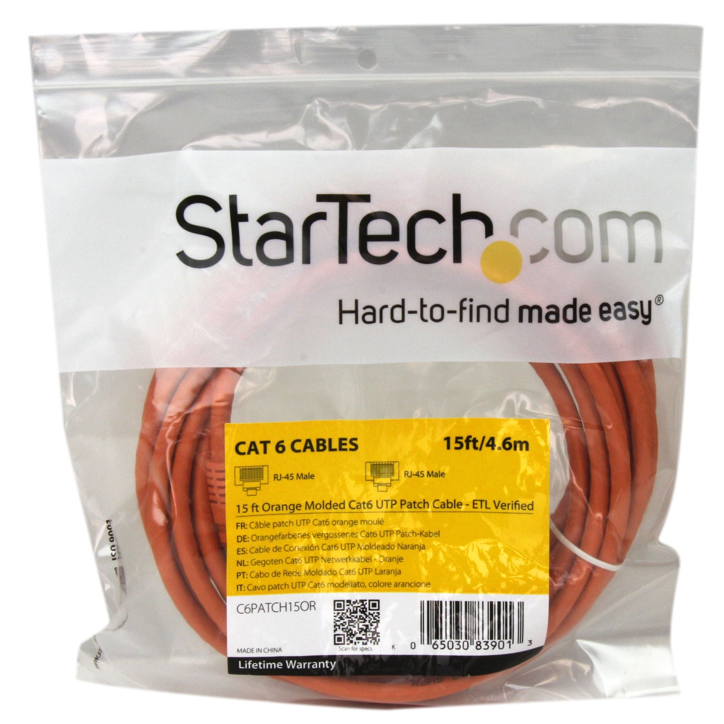 StarTech.com 15-Feet Molded RJ45 UTP Gigabit Cat6 Patch Cable, Orange (C6PATCH15OR)