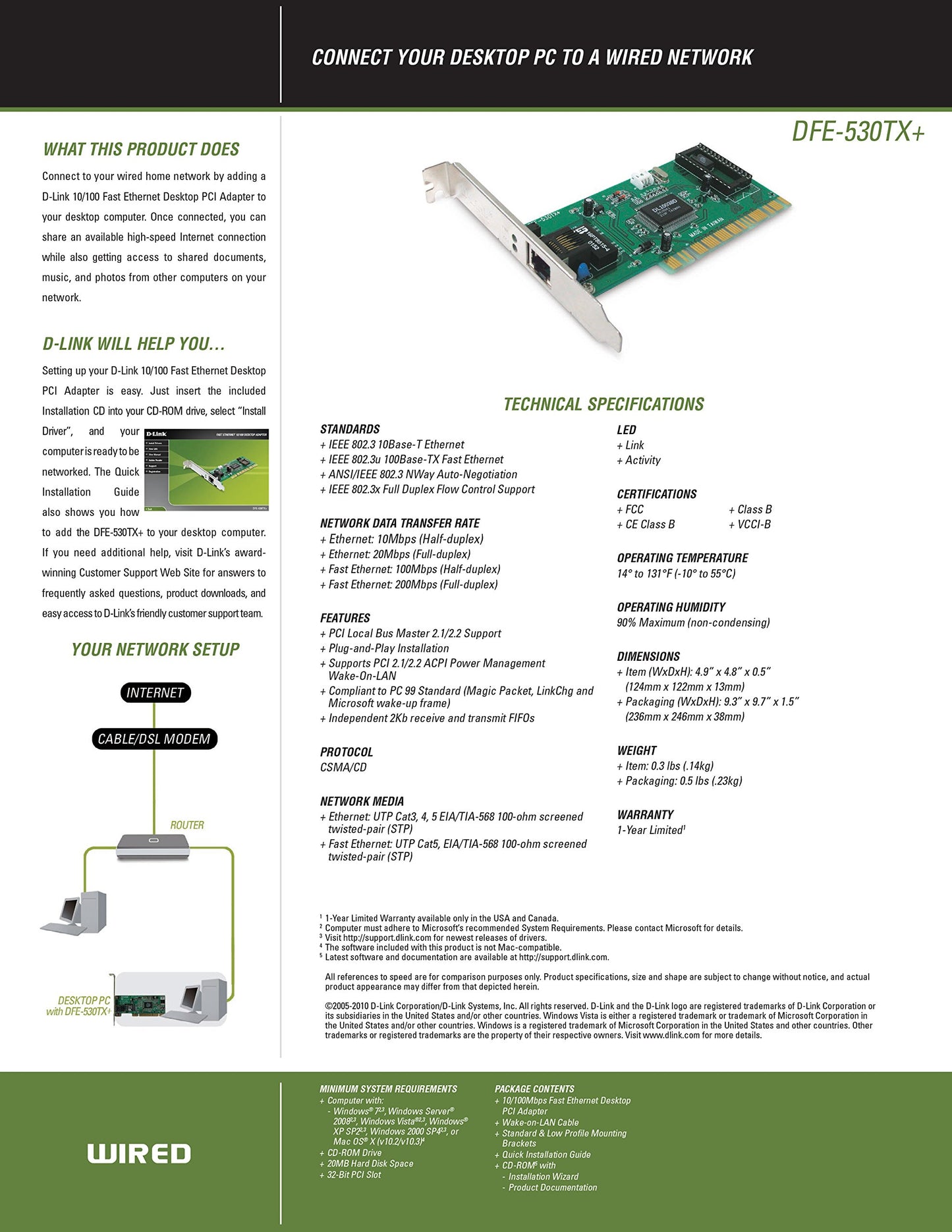 D-Link DFE-530TX+, Fast Ethernet PCI Adapter with Wake on LAN and DMI