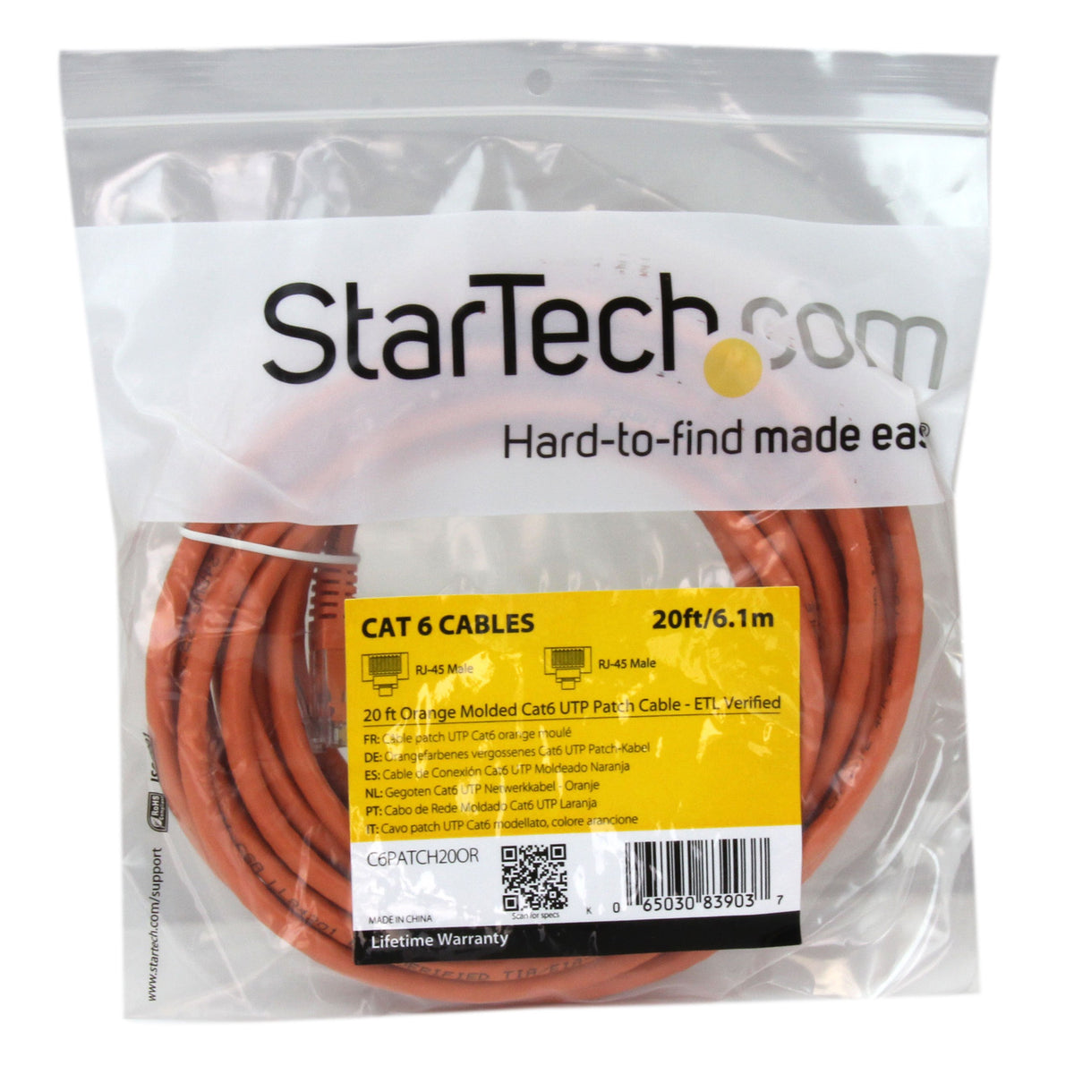 Cat6 Ethernet Cable - 20 ft - Orange - Patch Cable - Molded Cat6 Cable - Network Cable - Ethernet Cord - Cat 6 Cable - 20ft