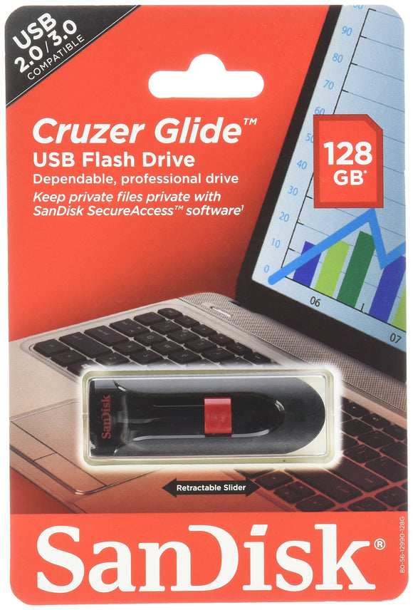 SANDISK SDCZ60-128G-A46 Cruzer Glide USB Flash Drive, 128 GB, Black/Red