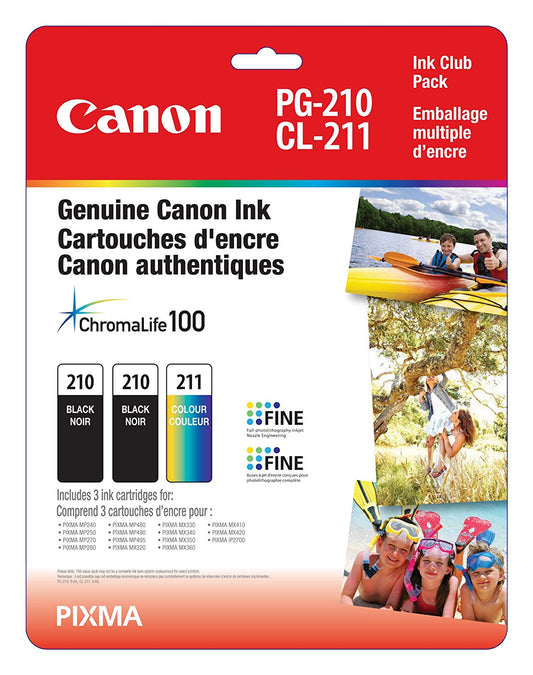 Genuine Canon PG-210 TWIN CL211 Ink Cartridge Club Pack, 2 Black and 1 Tri-Colour - 2974B014