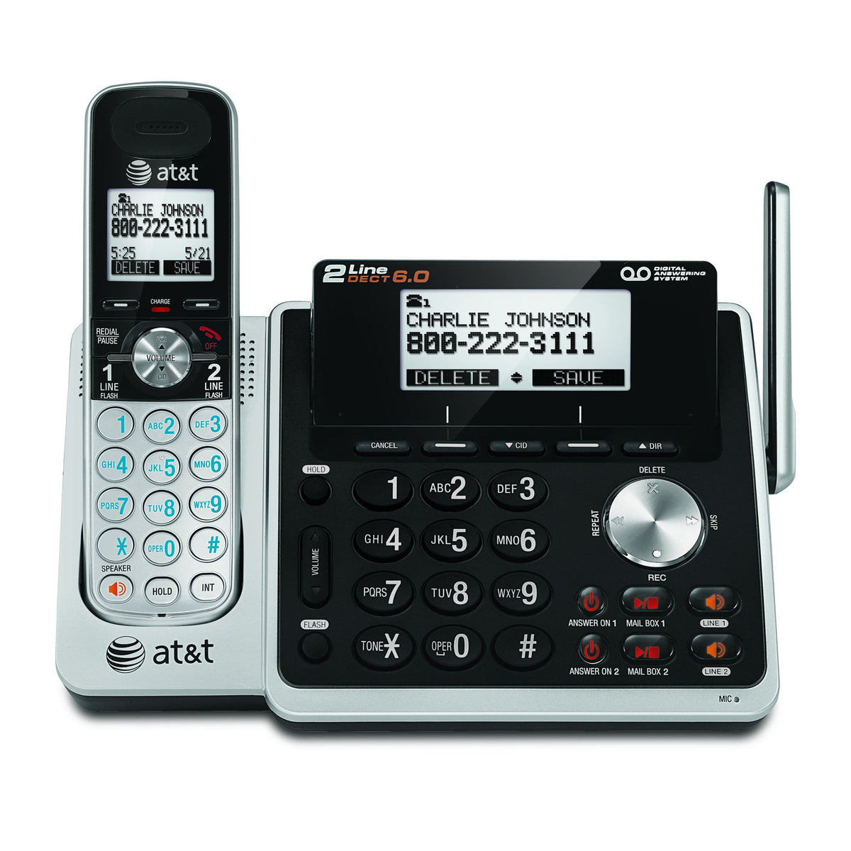 ATT 2-Line Cordless DECT 6.0 phone with DIB and Handset Caller IDs, ITAD, Speakerphones, Black and Silver (TL88102)