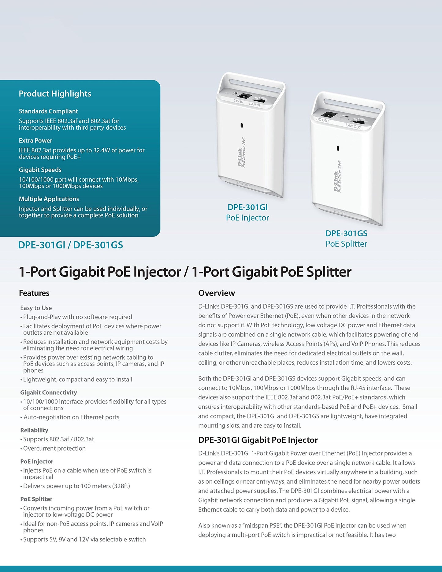 D-Link DPE-301GS 1-Port Gigabit PoE Splitter