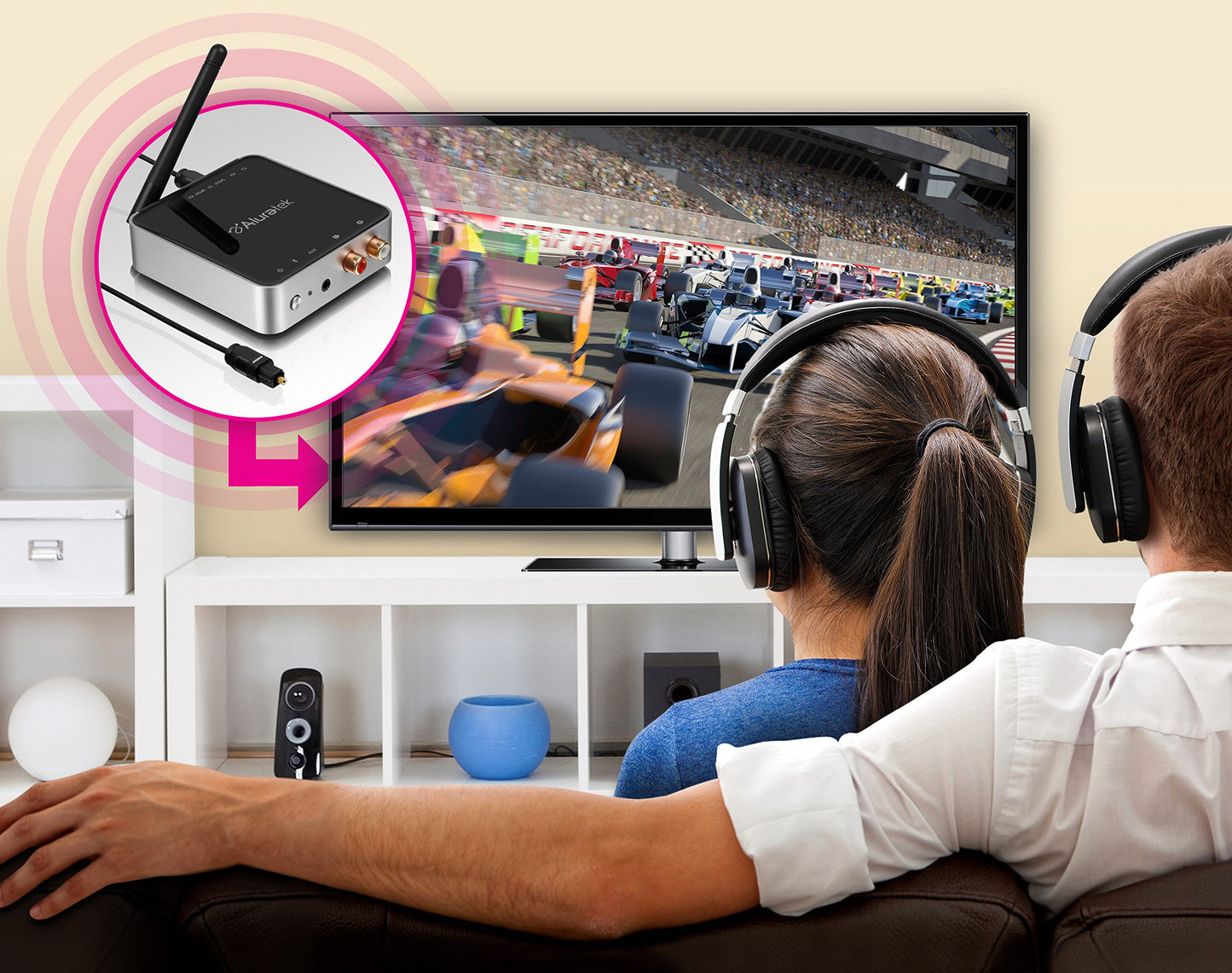 Aluratek ABC53F Bluetooth Audio Receiver and Transmitter with Bluetooth 5 (Stream up to 300 feet), AUX , RCA and Optical Connections Supported, Low Latency, aptX, Wireless Audio TV to Headphones