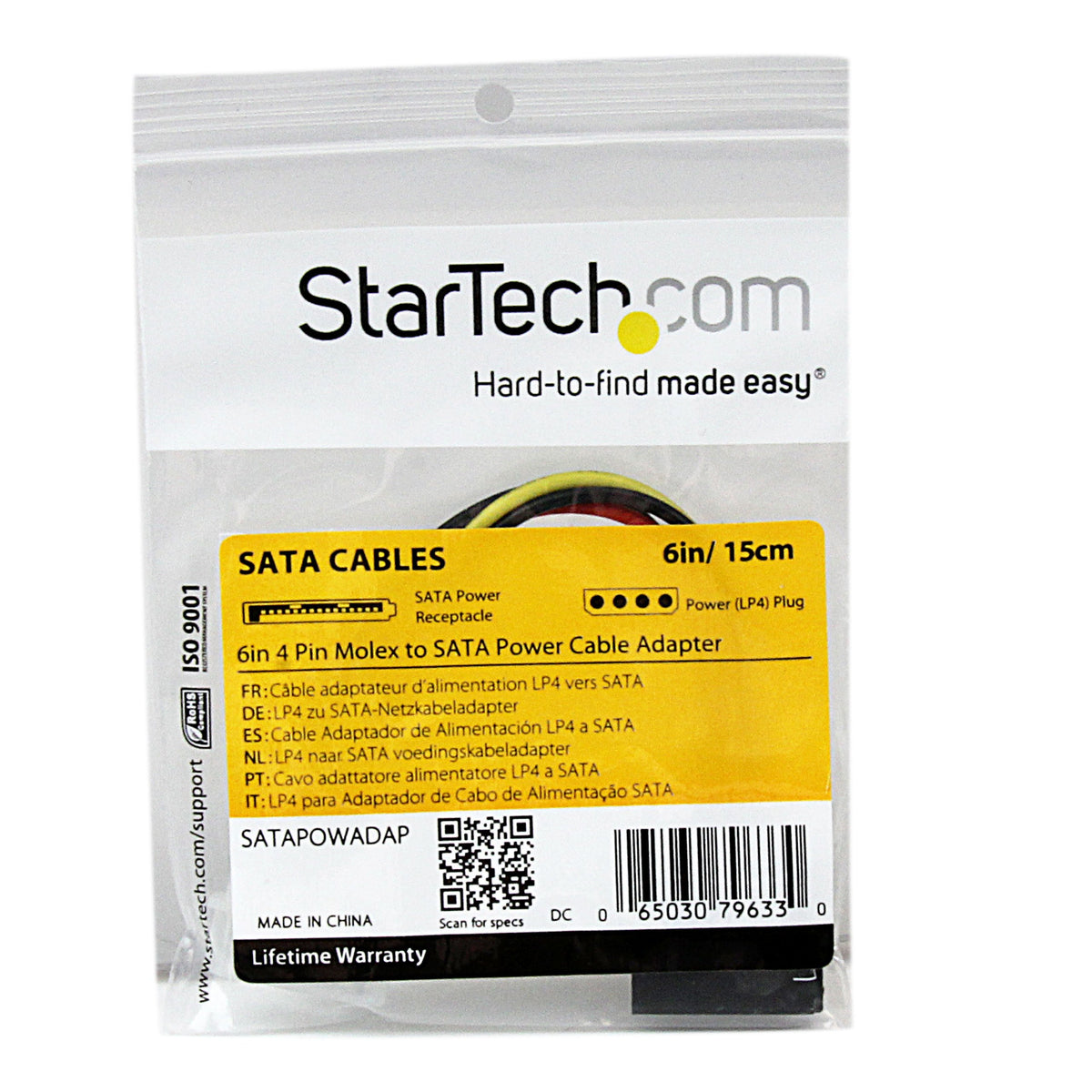 Startech 6In 4 Pin Molex to Sata Power Cable Adapter SATAPOWADAP