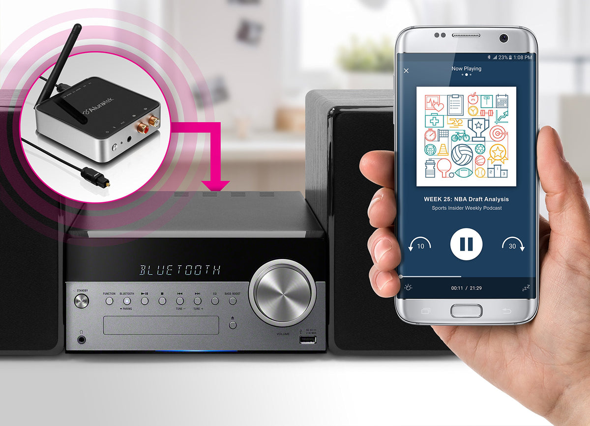 Aluratek ABC53F Bluetooth Audio Receiver and Transmitter with Bluetooth 5 (Stream up to 300 feet), AUX , RCA and Optical Connections Supported, Low Latency, aptX, Wireless Audio TV to Headphones