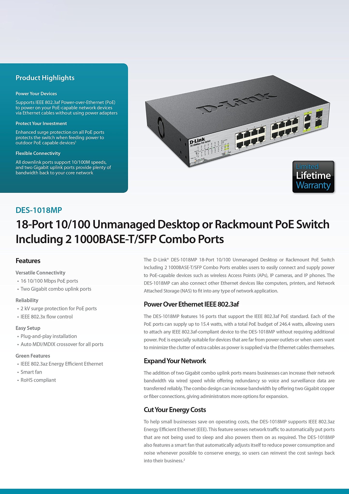 D-Link DES-1018MP 18-Port 10/100 Unmanaged Desktop or Rackmount PoE Switch including 2 1000BASE-T/SFP Combo Ports
