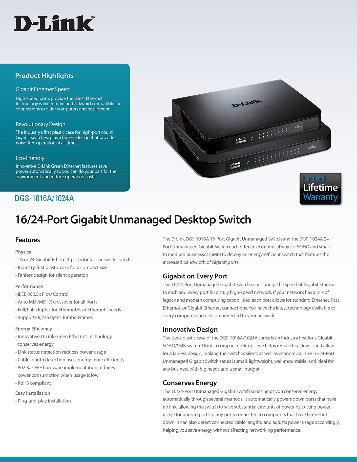 D-Link 24-Port Gigabit Unmanaged Desktop Switch (DGS-1024A)