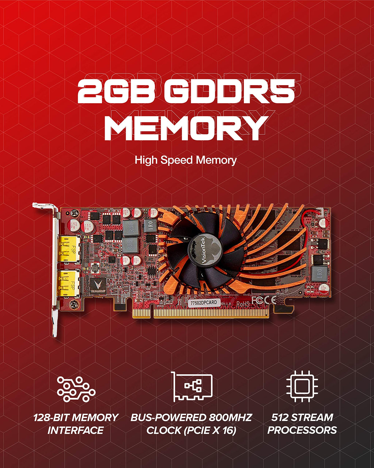 VisionTek Products 900942 Radeon 7750 SFF 2GB GDDR5 2X DP Graphics Card, Multicolor, Red