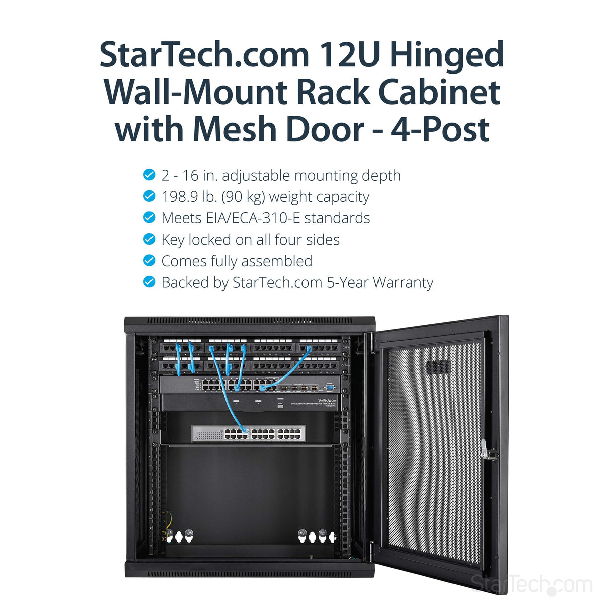 StarTech.com 12U Wall Mount Server Rack Cabinet - 4-Post Adjustable Depth (2" to 16") Network Equipment Enclosure w/ Cable Management (RK12WALHM)