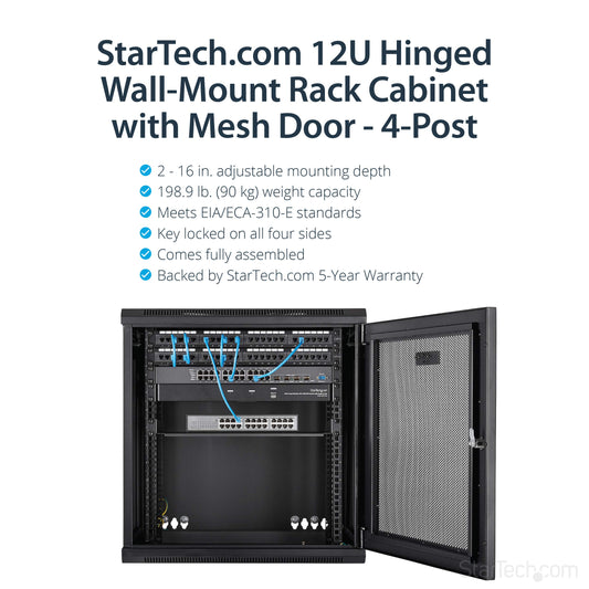 StarTech.com 12U Wall Mount Server Rack Cabinet - 4-Post Adjustable Depth (2" to 16") Network Equipment Enclosure w/ Cable Management (RK12WALHM)