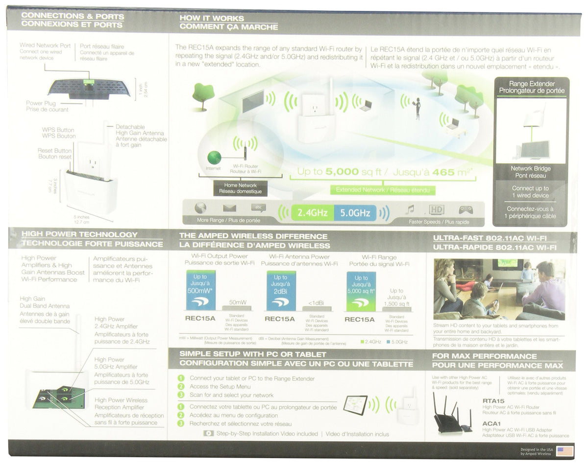 AMPED WIRELESS REC15A-CA High Power Compact AC 2.4GHz Wifi Extender 802.11 a/b/g/n/ac